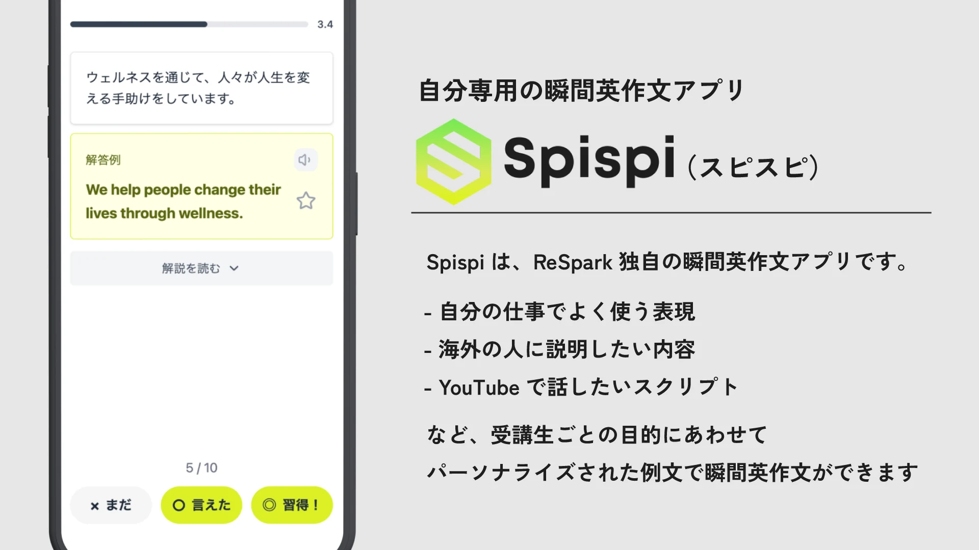 ReSpark独自の瞬間英作文アプリ Spispi